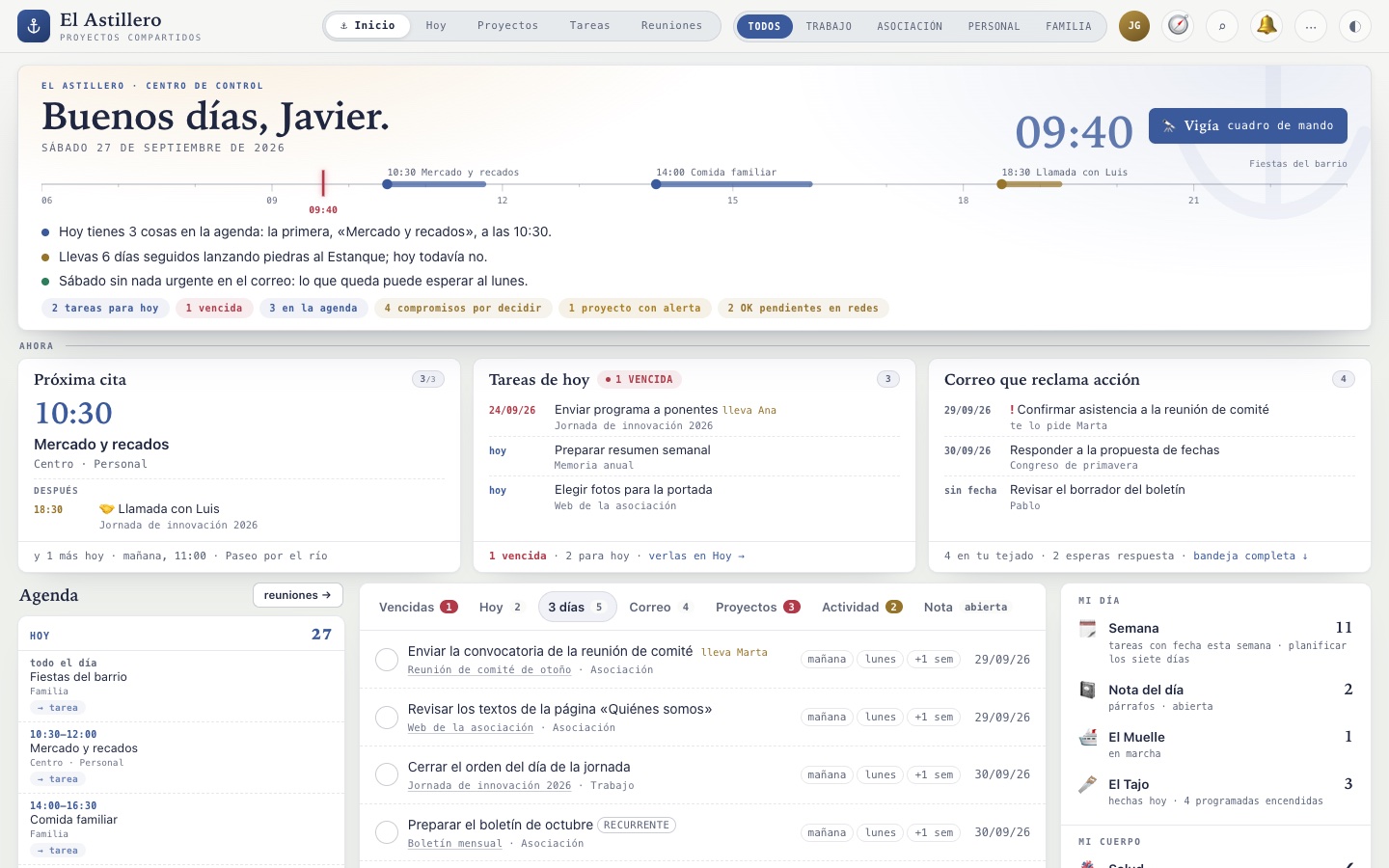 Pantalla de Inicio de El Astillero: saludo, la línea del día, las tres cajas de Ahora, la agenda, las tareas por pestañas y los accesos por familias