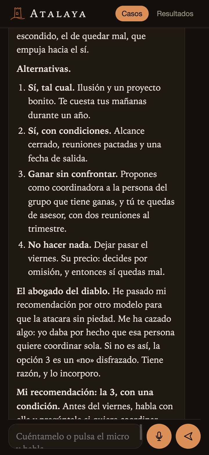 Cuatro alternativas numeradas, con ganar sin confrontar y no hacer nada, y el comienzo del abogado del diablo