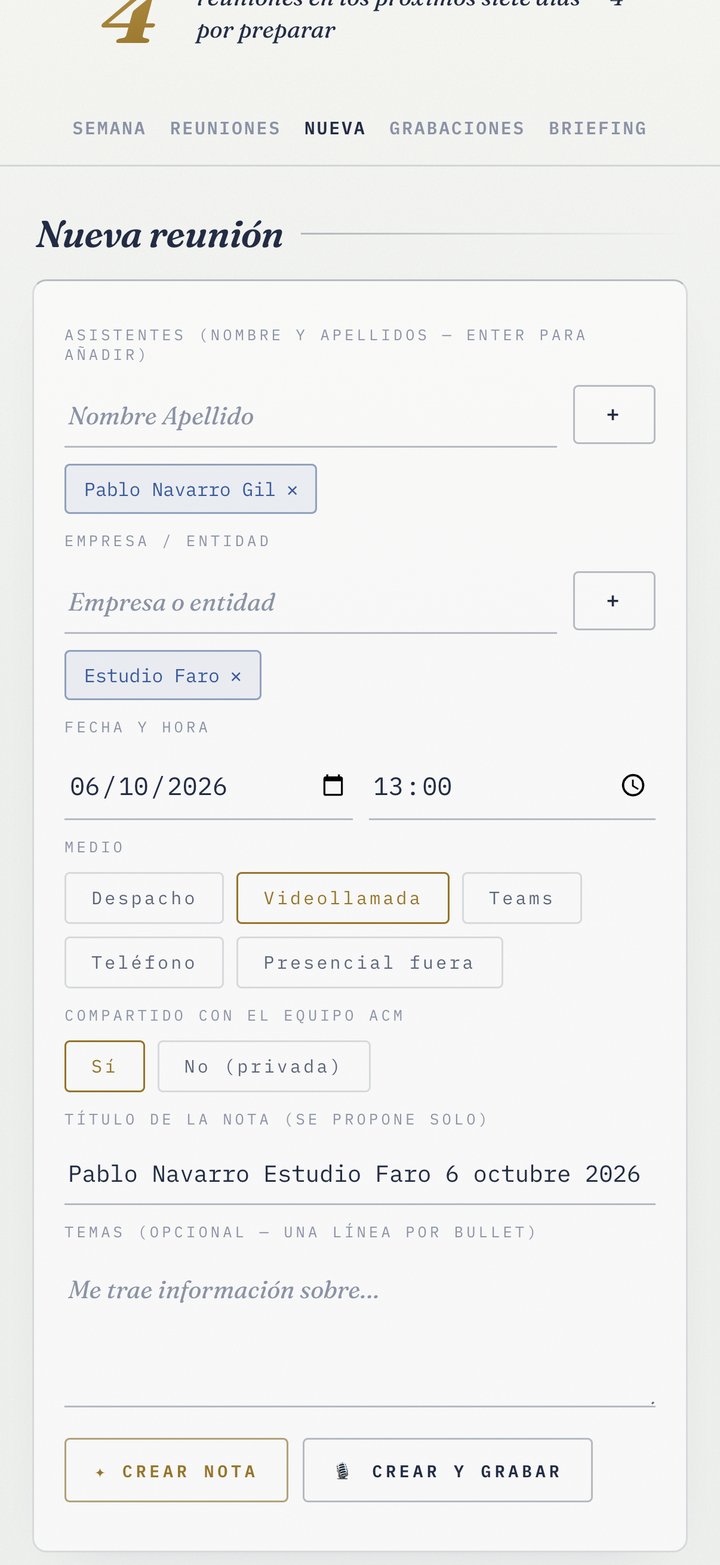 Pestaña Nueva: formulario para crear una reunión con asistentes, entidad, fecha y medio
