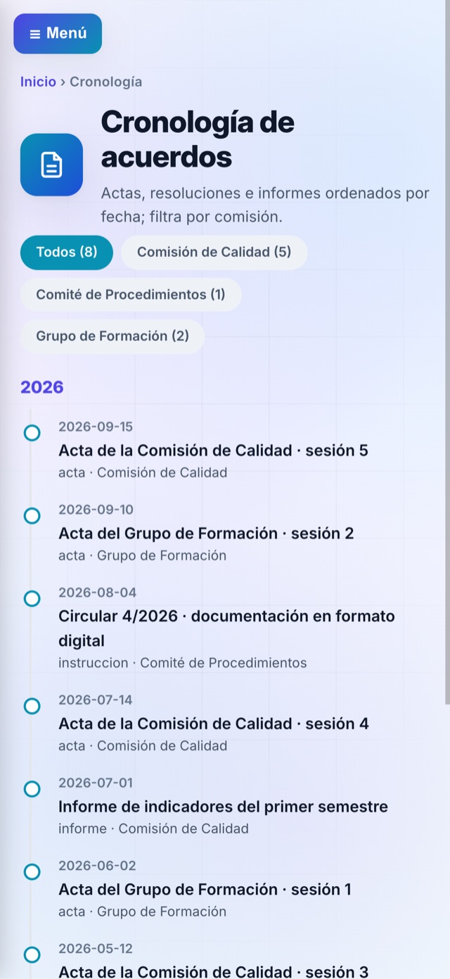 Recreación: la cronología de acuerdos, filtrable por comisión