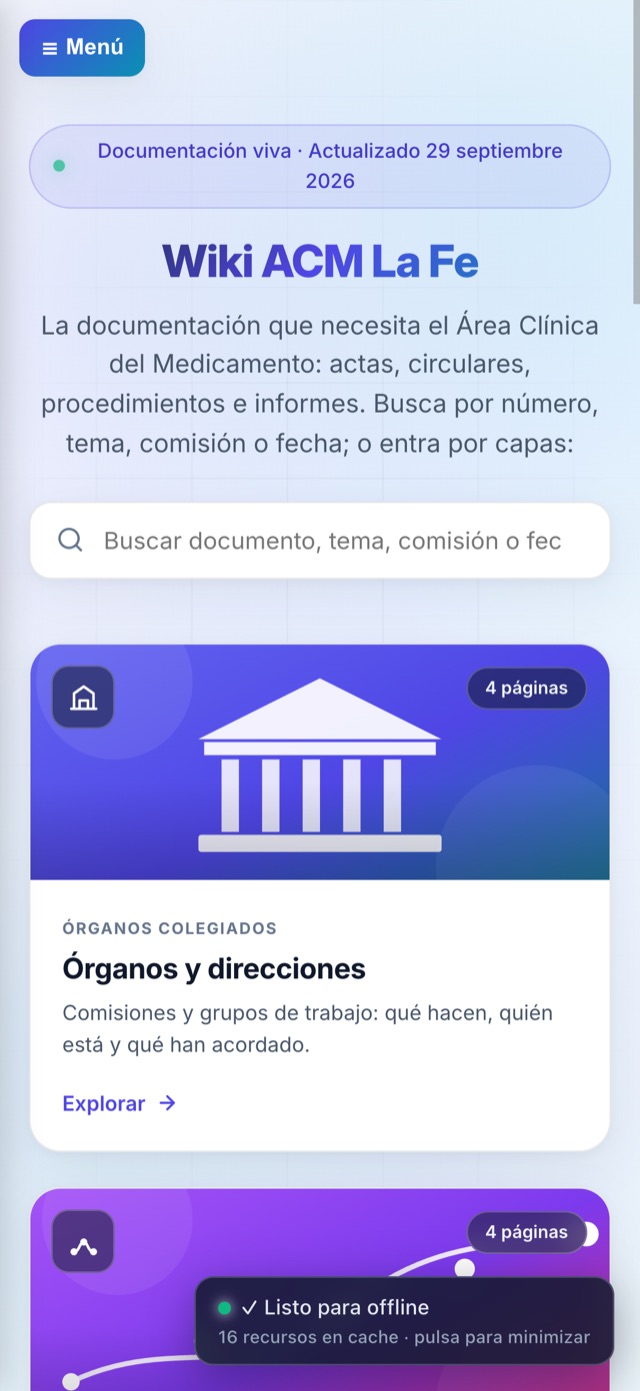 Recreación de la app: la portada de la wiki con su buscador y el aviso de que está lista para usarse sin conexión